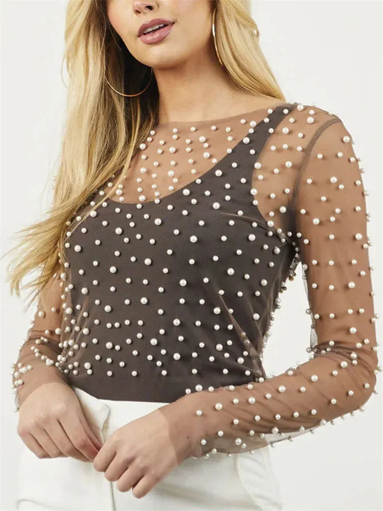 Long Sleeve Mesh Sheer Lace Pearls Top