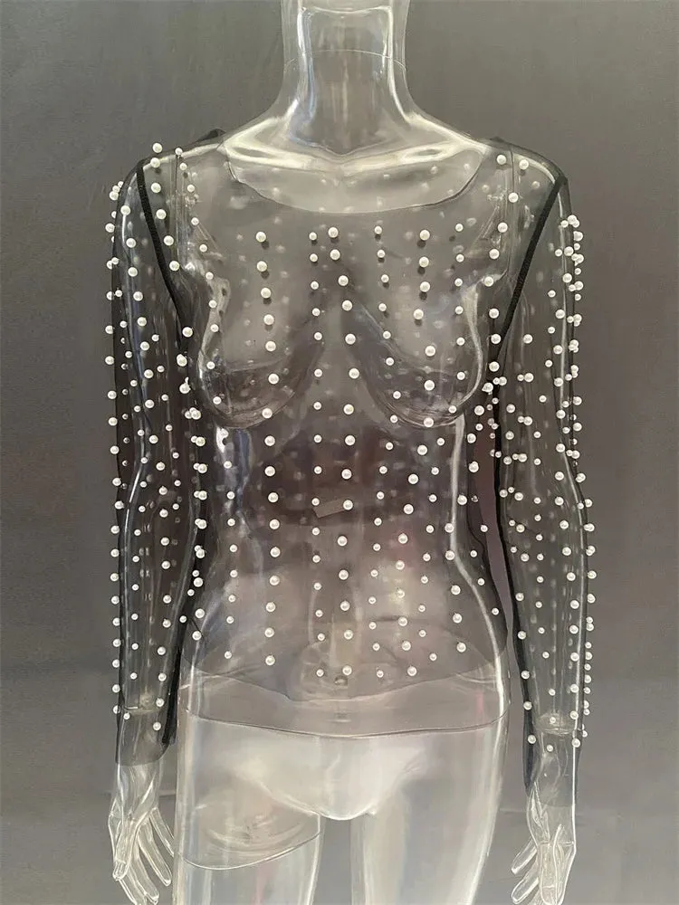 Long Sleeve Mesh Sheer Lace Pearls Top