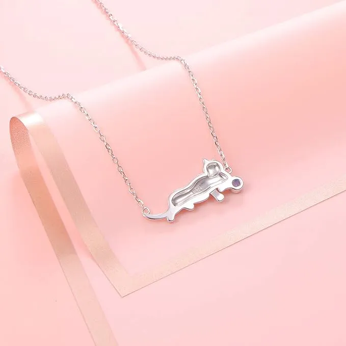 'Lounging Cat' CZ Bar Pendant Necklace, Sterling Silver