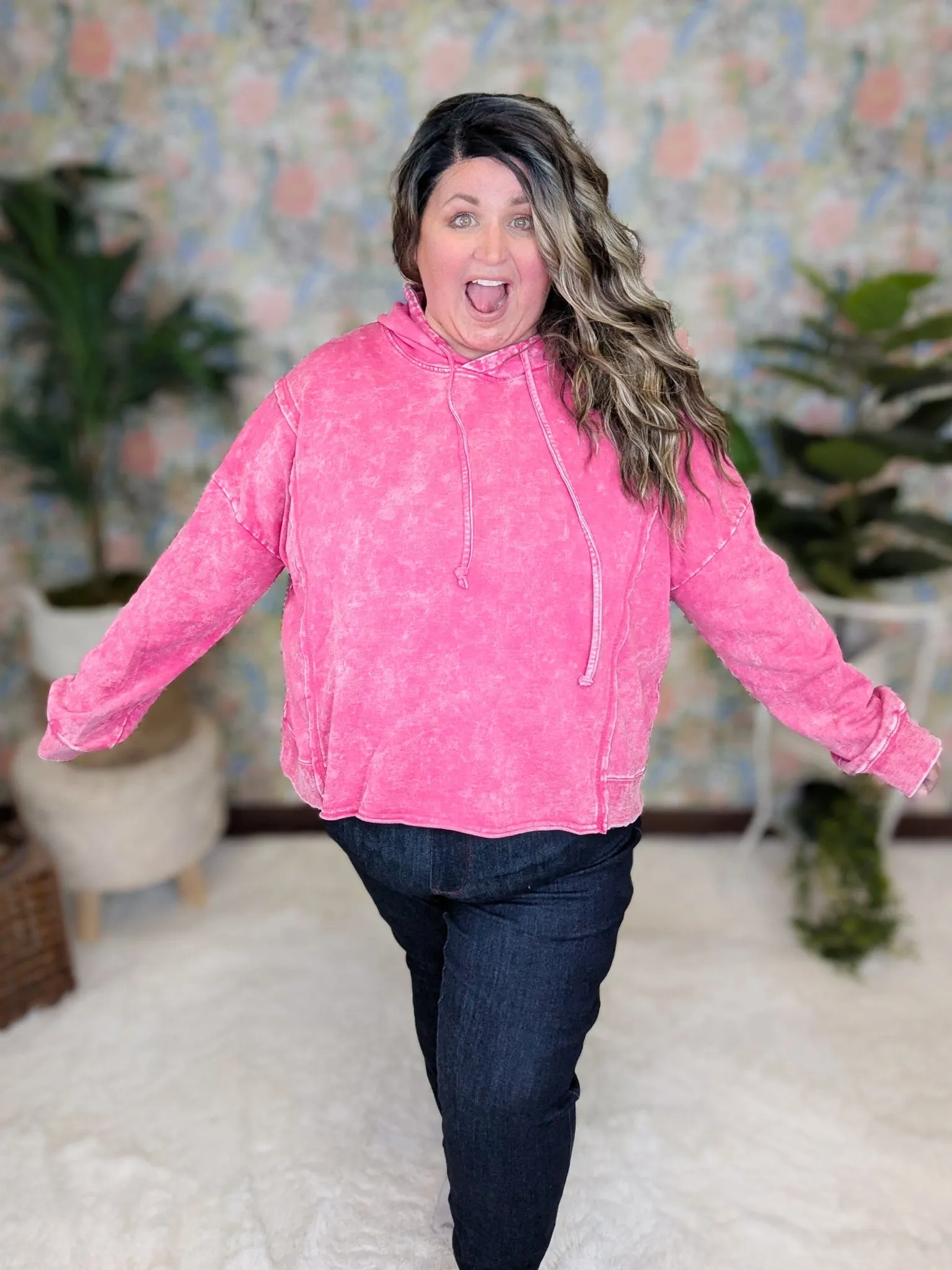 Marek Mineral Washed Boxy Hoodie in Pink   Plaid