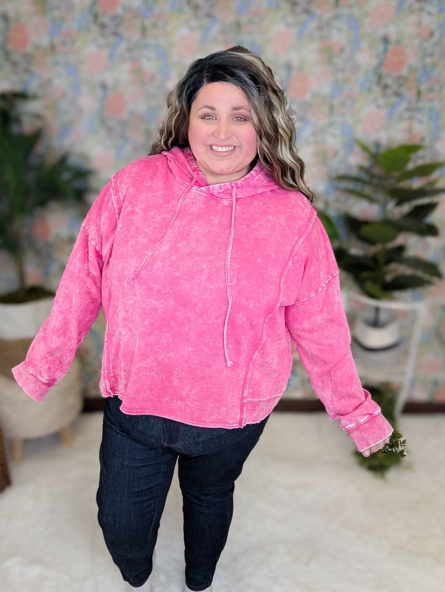 Marek Mineral Washed Boxy Hoodie in Pink   Plaid