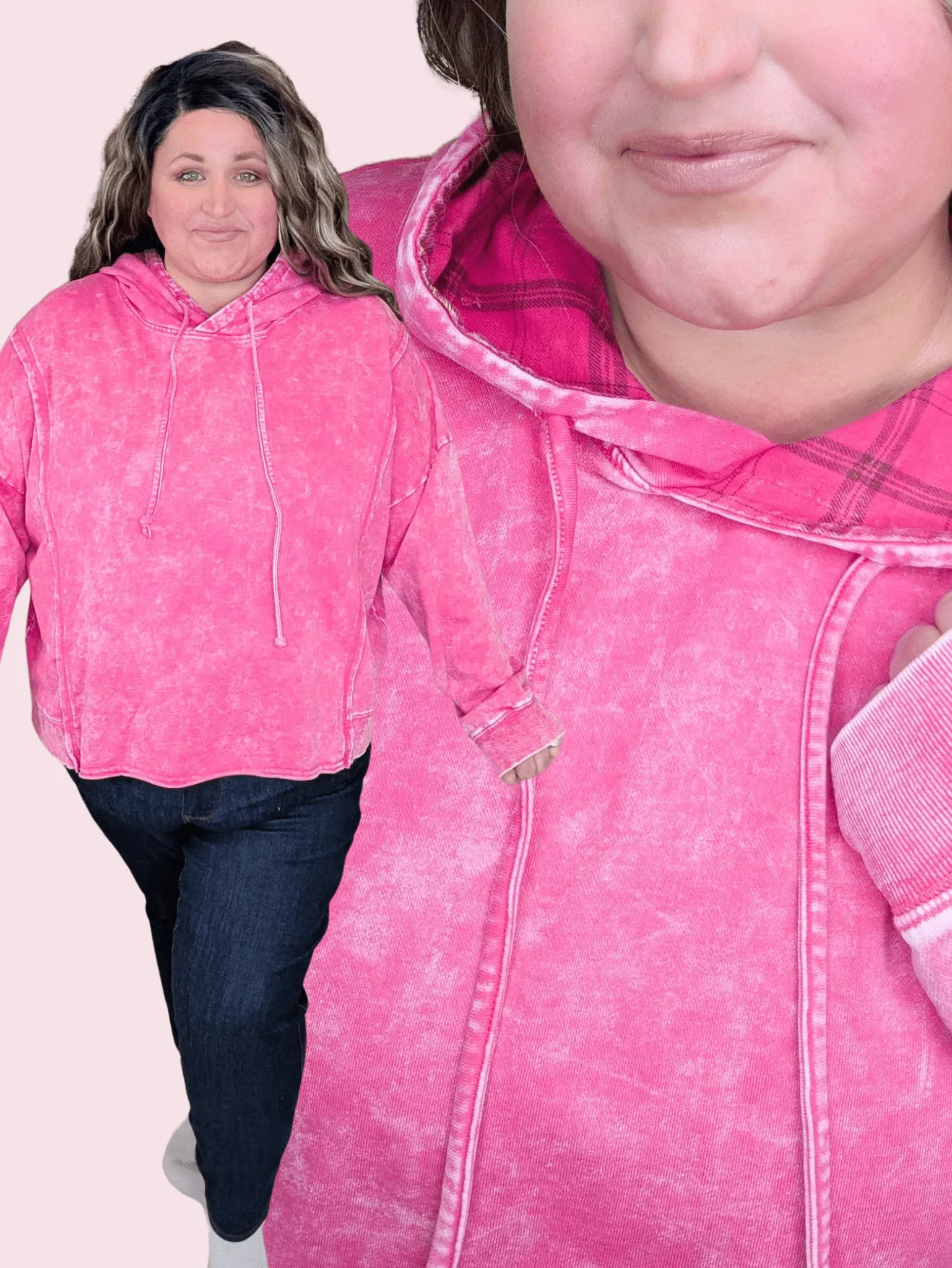 Marek Mineral Washed Boxy Hoodie in Pink   Plaid