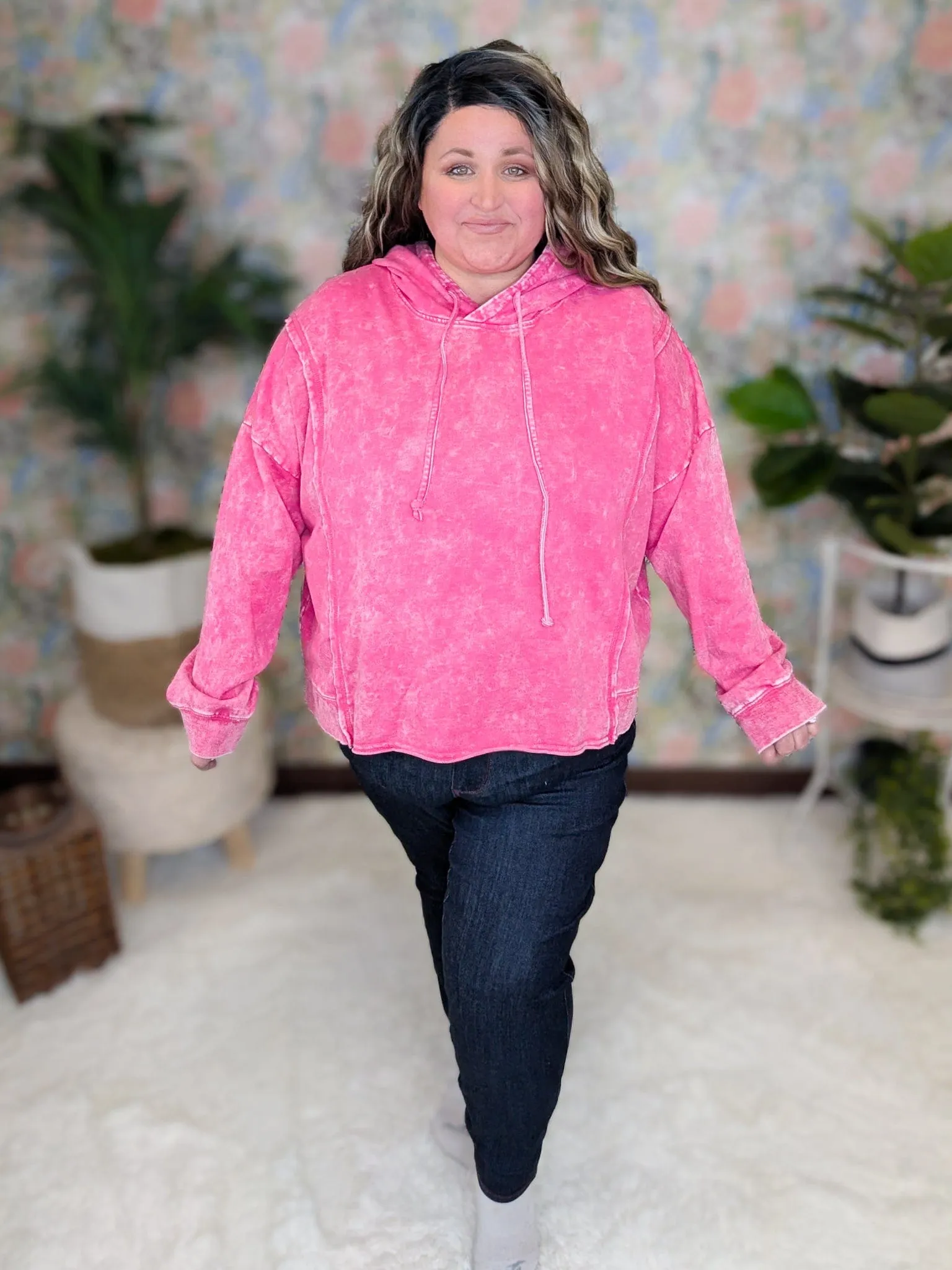 Marek Mineral Washed Boxy Hoodie in Pink   Plaid