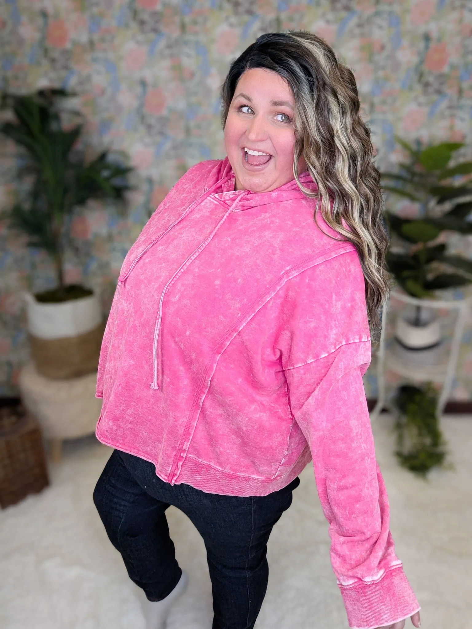 Marek Mineral Washed Boxy Hoodie in Pink   Plaid