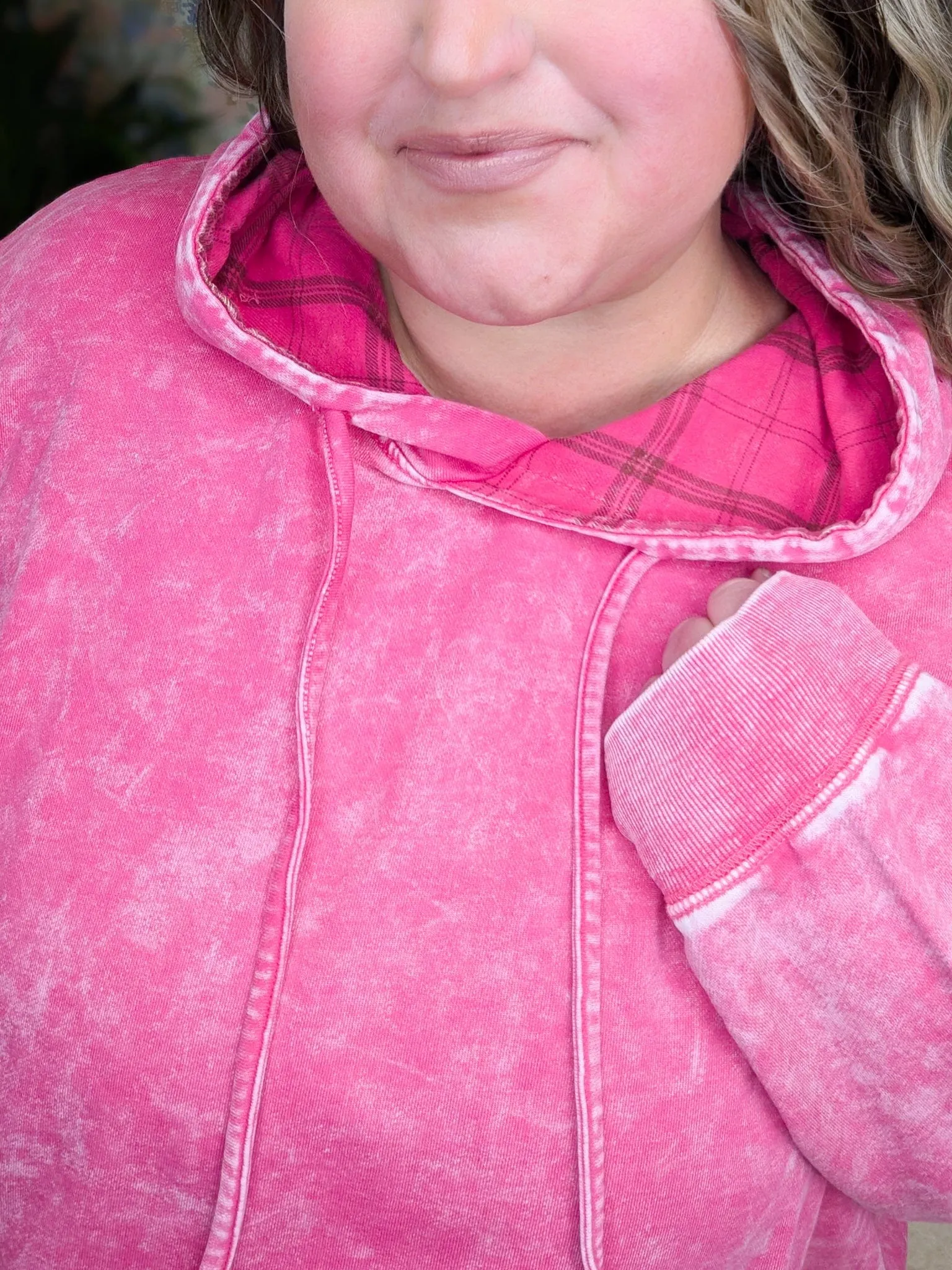 Marek Mineral Washed Boxy Hoodie in Pink   Plaid