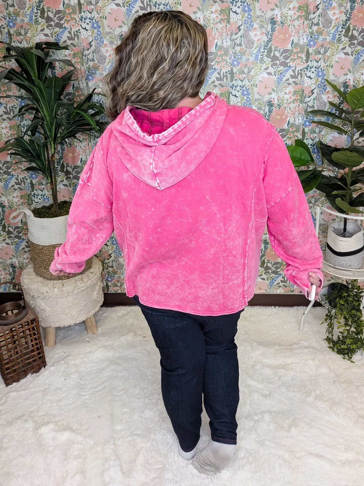 Marek Mineral Washed Boxy Hoodie in Pink   Plaid