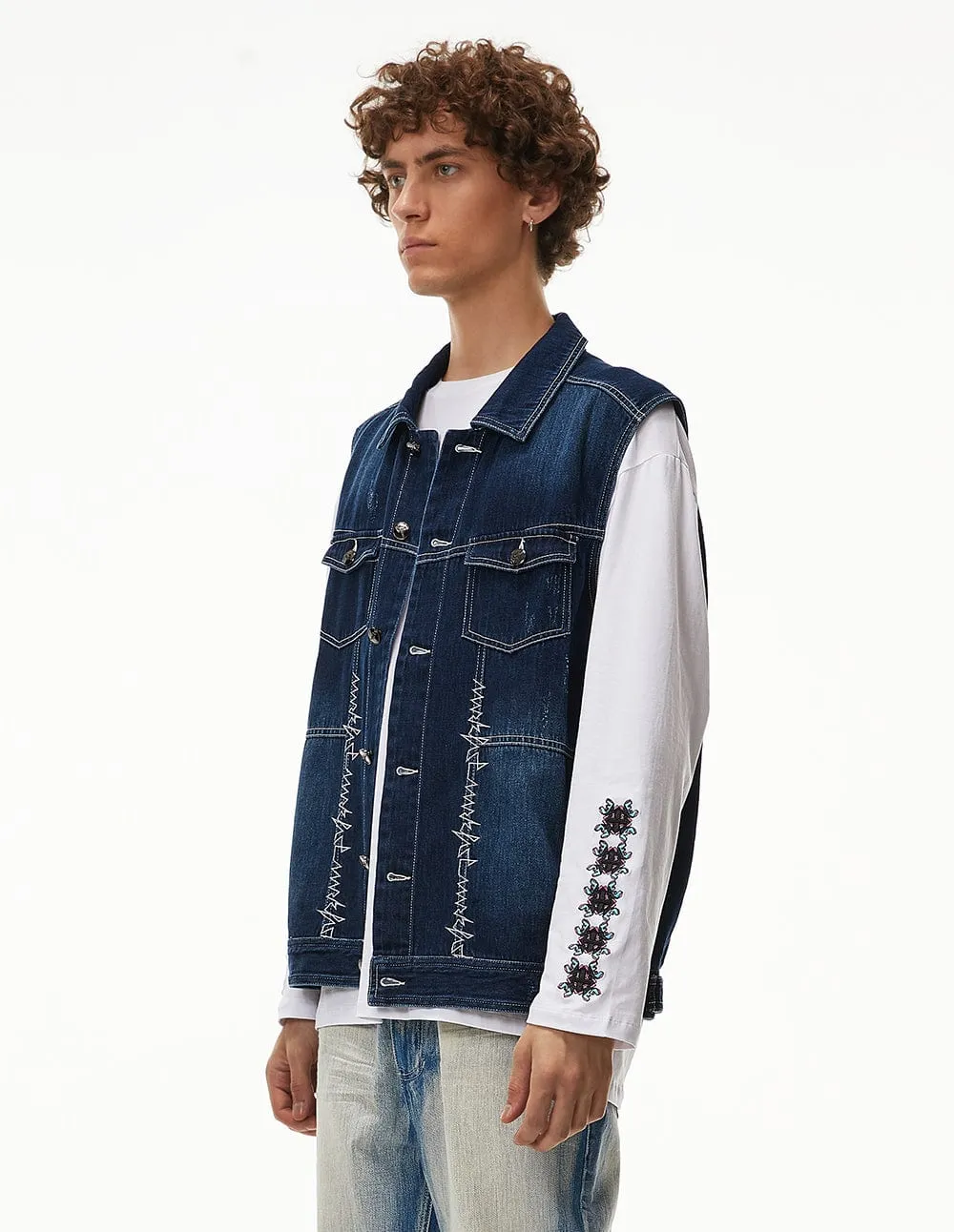 Men Emboidered Denim Vest Jacket
