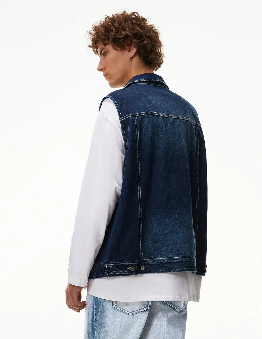 Men Emboidered Denim Vest Jacket