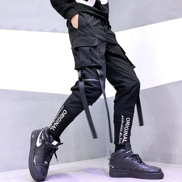 Men Hip Hop Black Cargo Pants joggers Sweatpants Overalls Men Ribbons Streetwear Harem Pants