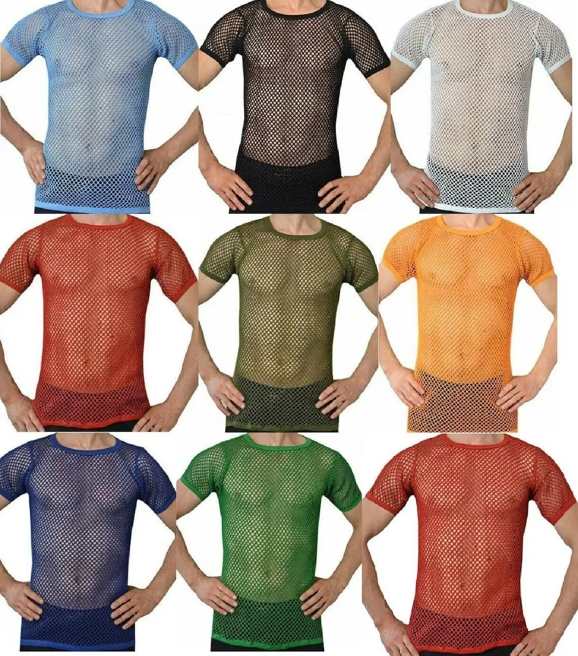 Mens Crystal String Mesh Tops Cotton Men Mesh Fishnet Short Sleeve T-Shirt Top Tee