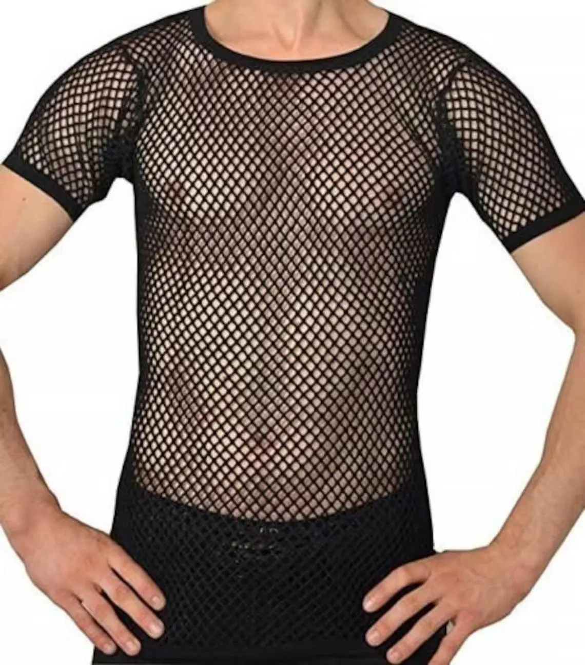 Mens Crystal String Mesh Tops Cotton Men Mesh Fishnet Short Sleeve T-Shirt Top Tee