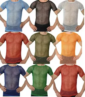 Mens Crystal String Mesh Tops Cotton Men Mesh Fishnet Short Sleeve T-Shirt Top Tee
