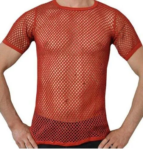 Mens Crystal String Mesh Tops Cotton Men Mesh Fishnet Short Sleeve T-Shirt Top Tee