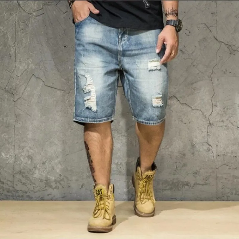 Men's Ripped Denim Straight Shorts | Plus Size