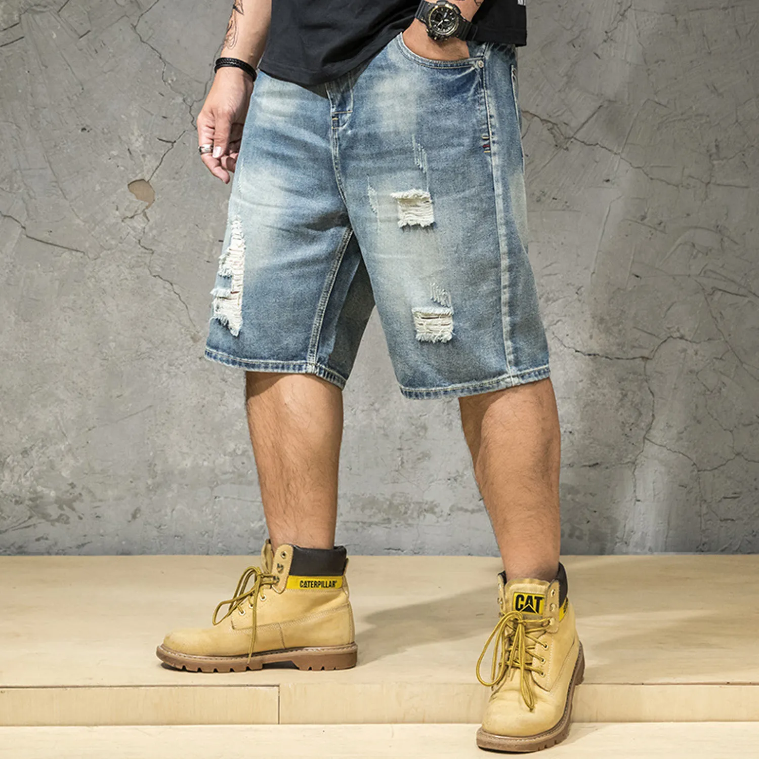 Men's Ripped Denim Straight Shorts | Plus Size