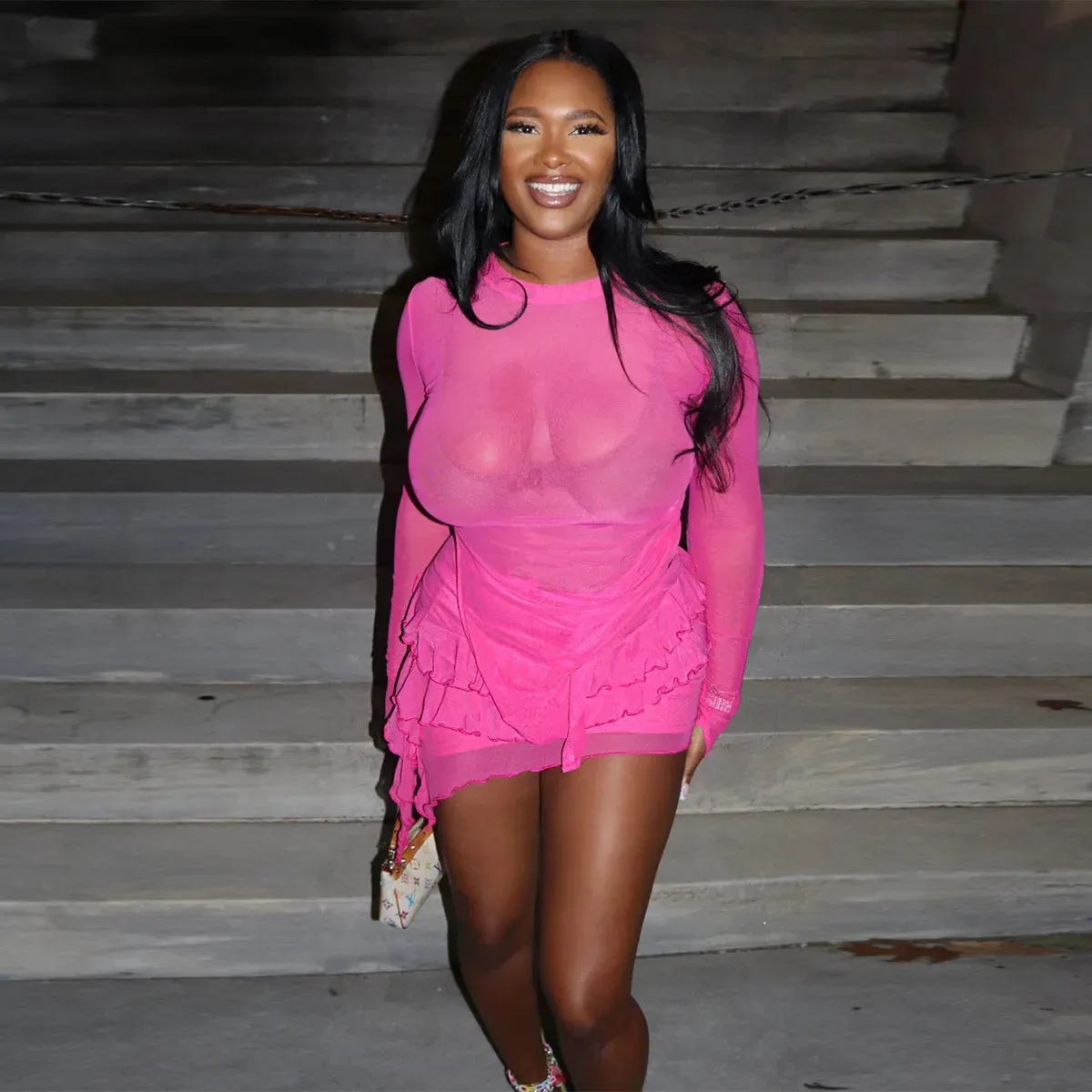 Mesh Crop Tops Mini Ruffle Skirt Two Piece Set
