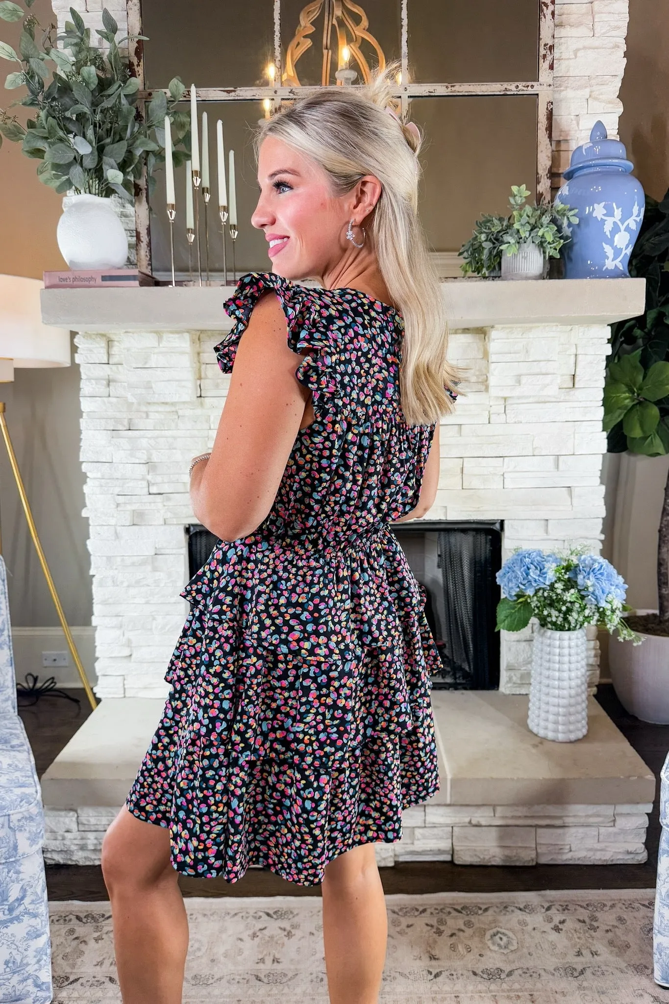 Multi Color Spotted Ruffle Sleeve Tiered Dress