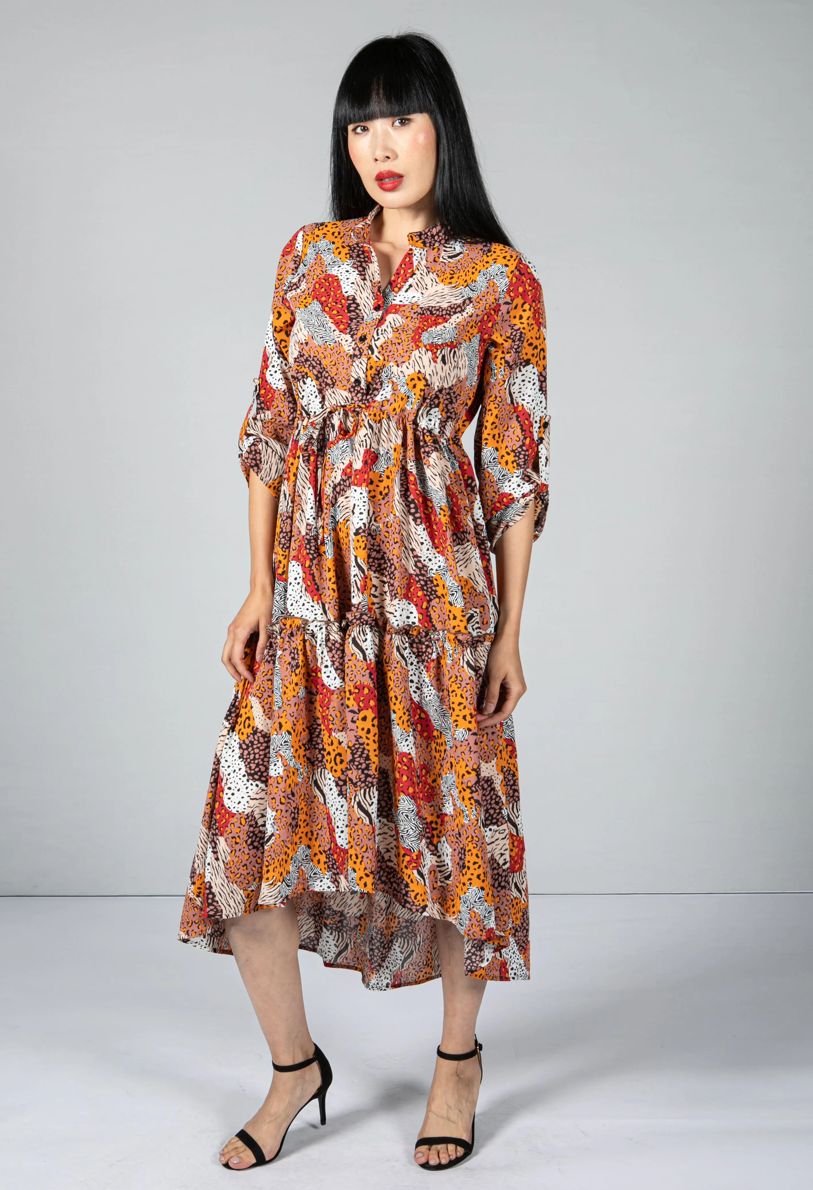 Multi-Print Tiered Shirt Dress-1