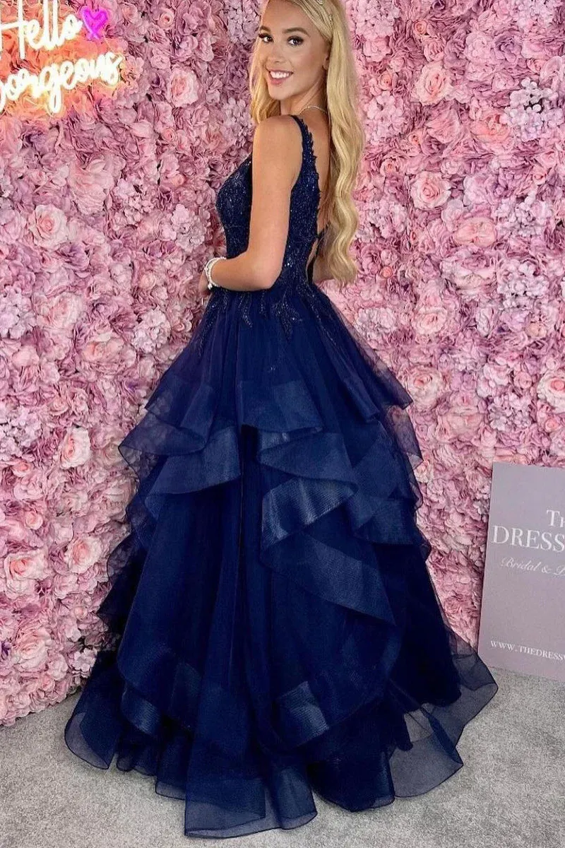 Navy Blue V Neck Ruffle Tiered Tulle Long Prom Dresses with Appliques