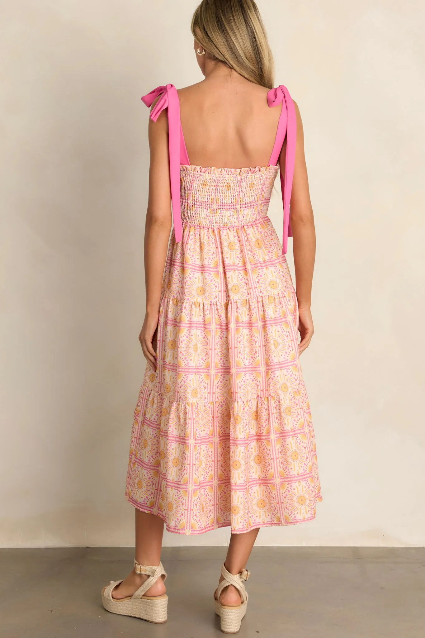 Next To You Pink Multi Print Tiered Midi Dress