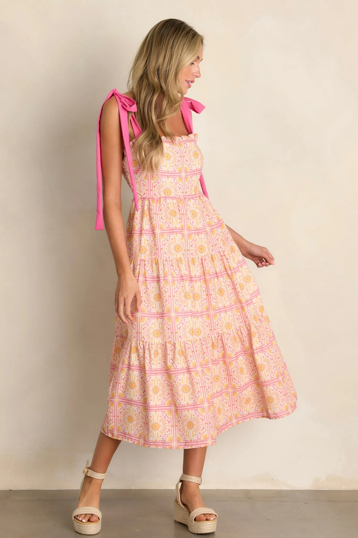 Next To You Pink Multi Print Tiered Midi Dress