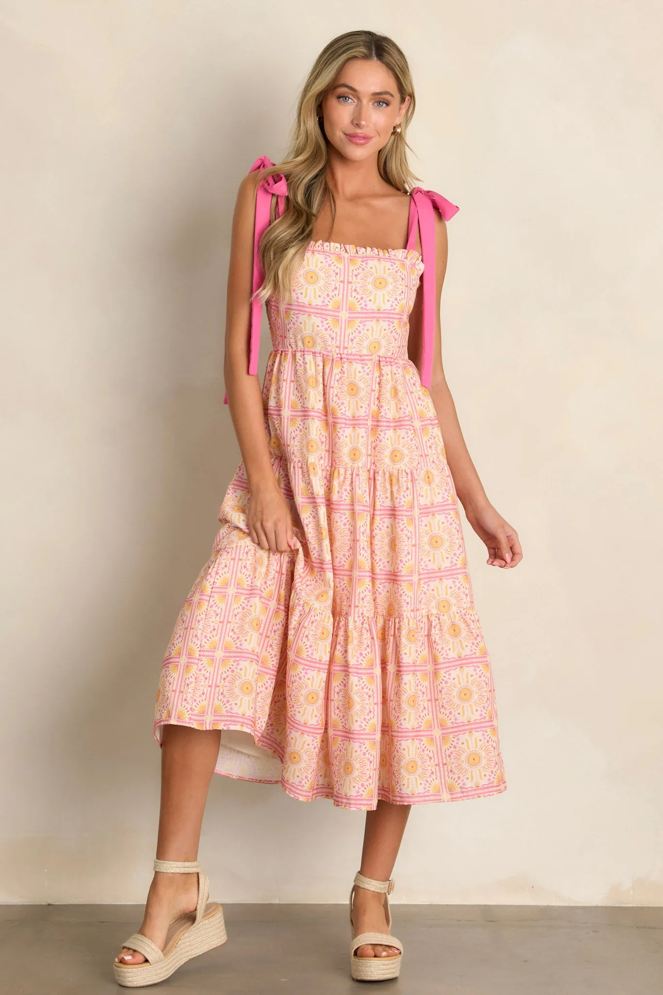 Next To You Pink Multi Print Tiered Midi Dress