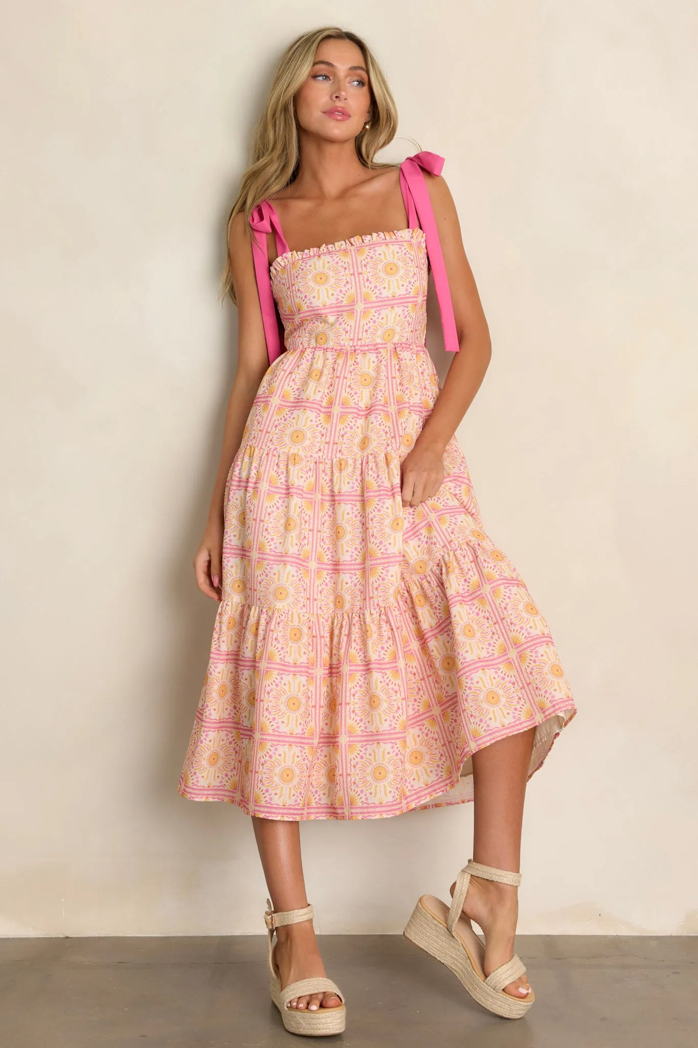 Next To You Pink Multi Print Tiered Midi Dress