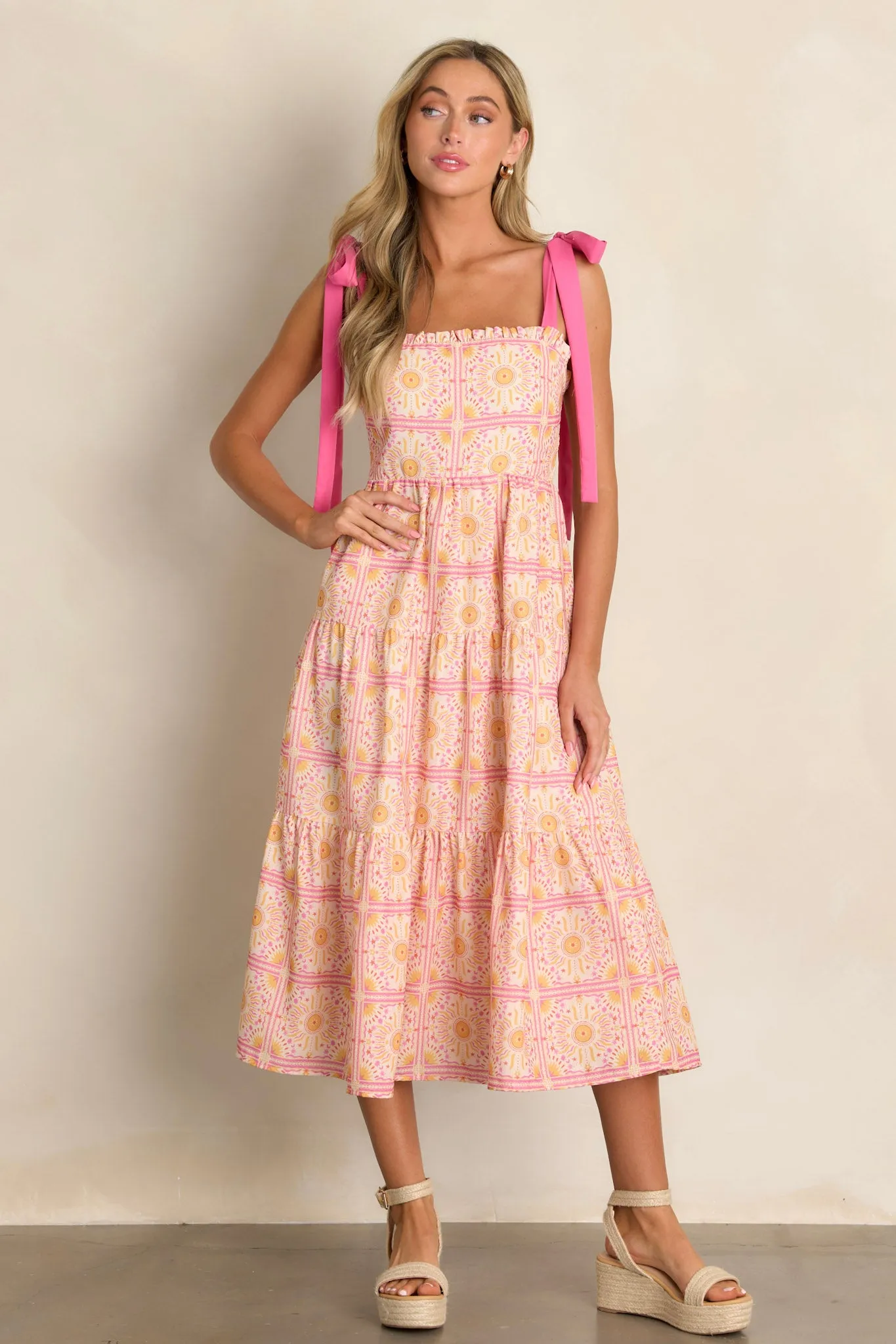 Next To You Pink Multi Print Tiered Midi Dress