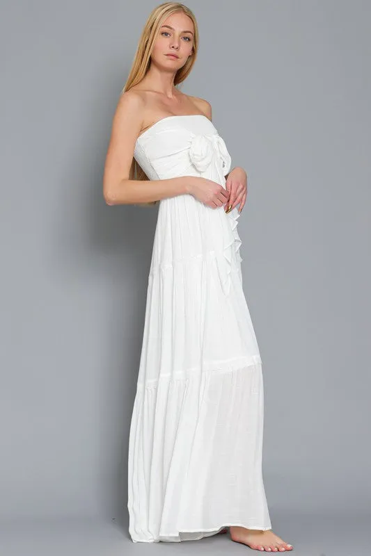 Off White Tube Smocked Tie Front Top Lace Trim Tiered Maxi