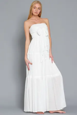 Off White Tube Smocked Tie Front Top Lace Trim Tiered Maxi