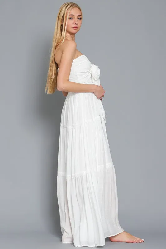 Off White Tube Smocked Tie Front Top Lace Trim Tiered Maxi