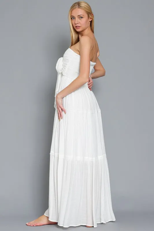 Off White Tube Smocked Tie Front Top Lace Trim Tiered Maxi