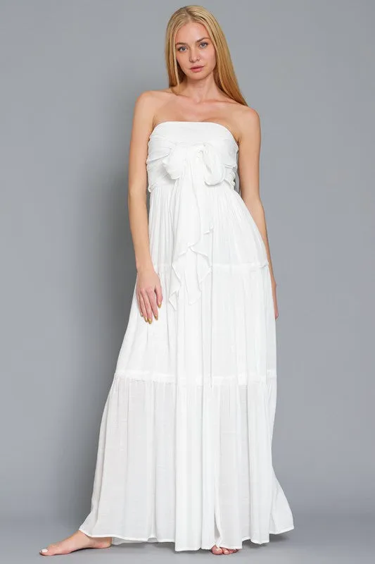 Off White Tube Smocked Tie Front Top Lace Trim Tiered Maxi