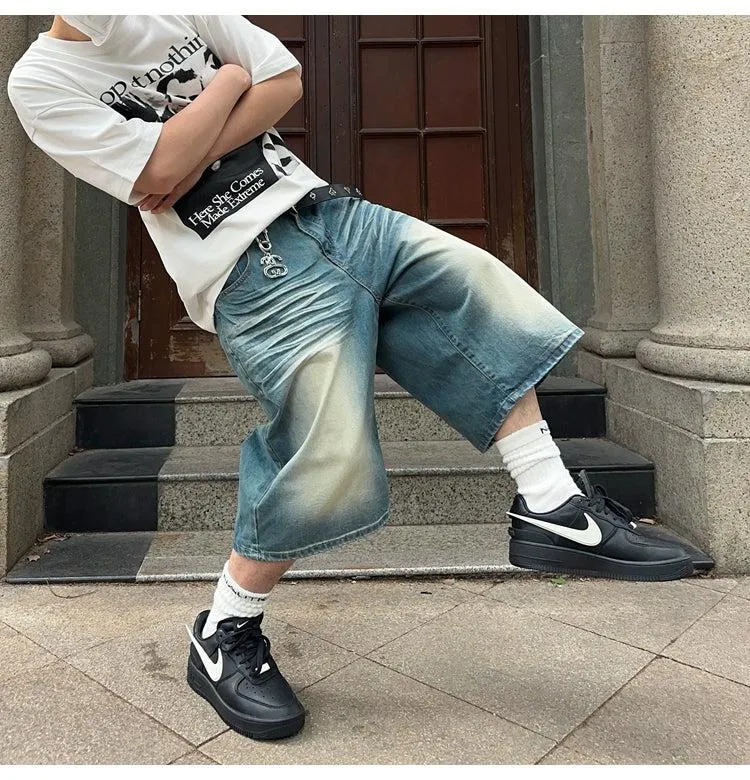 Over Knee Washed Denim Shorts