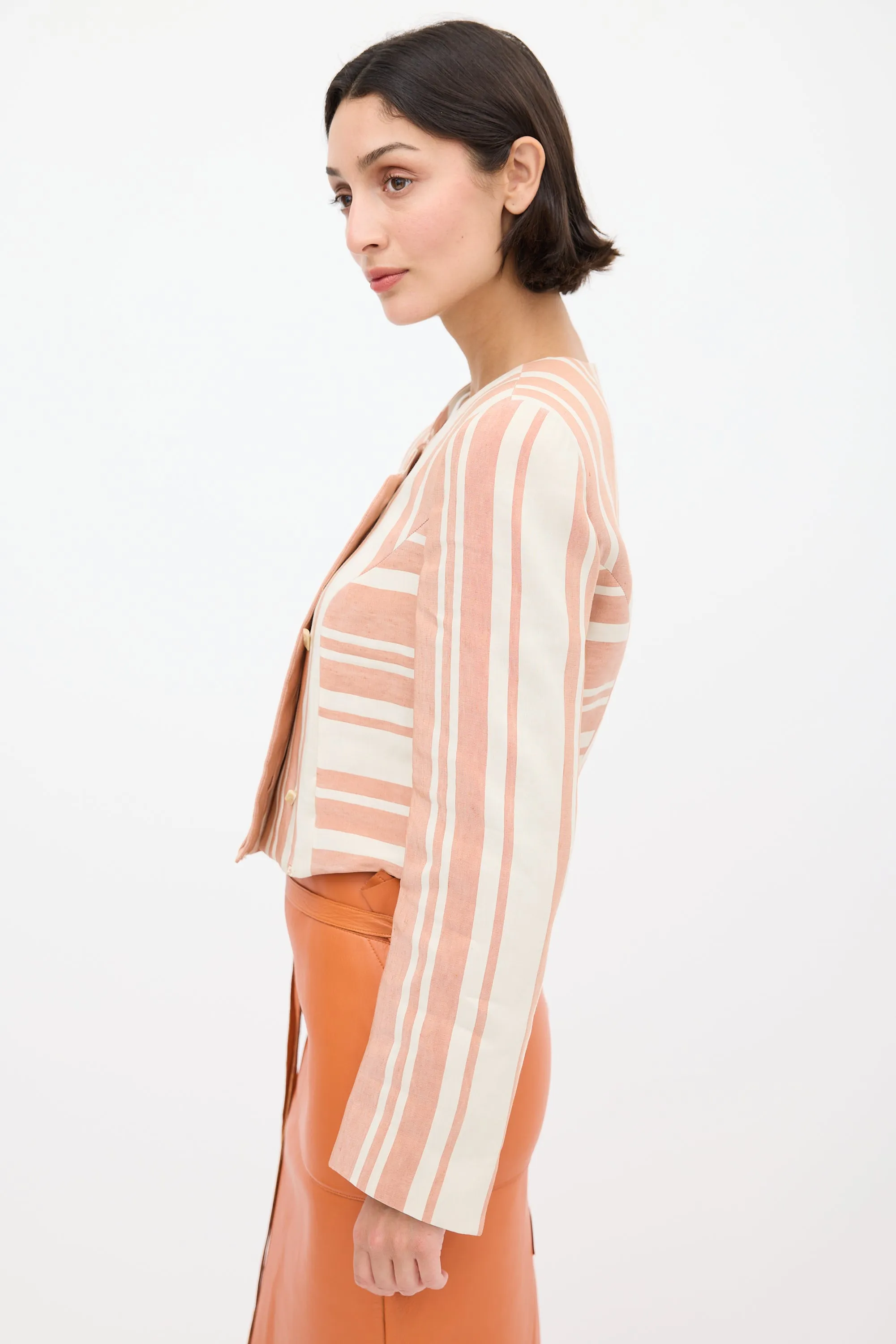 Pink & Cream Linen & Silk Striped Blazer