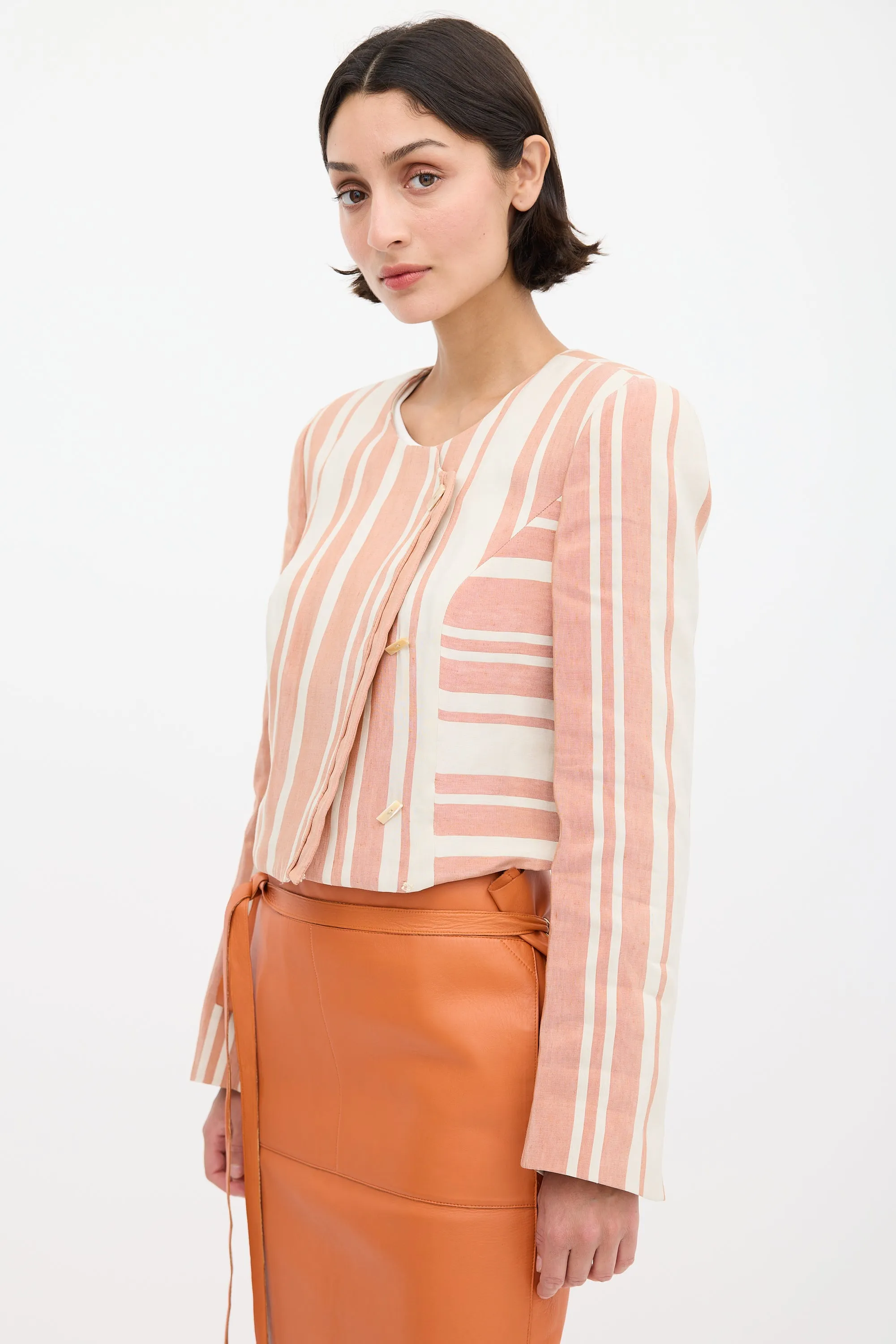 Pink & Cream Linen & Silk Striped Blazer