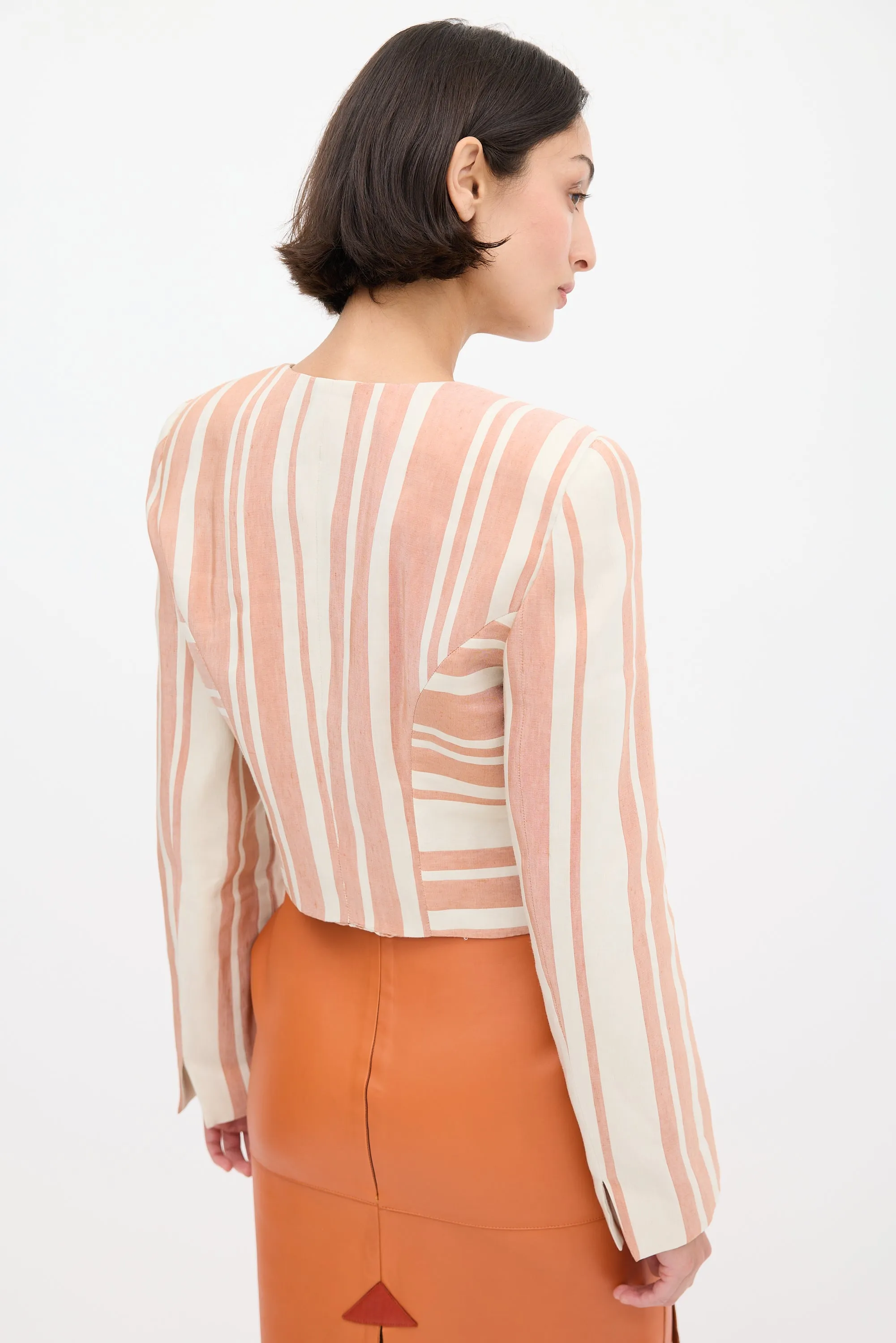 Pink & Cream Linen & Silk Striped Blazer