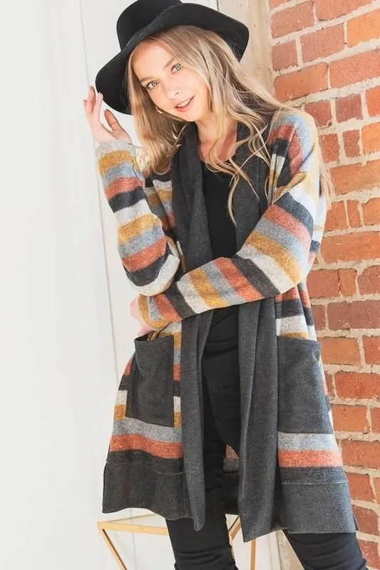 Plus Size Colorful Strip Open Front Cardigan
