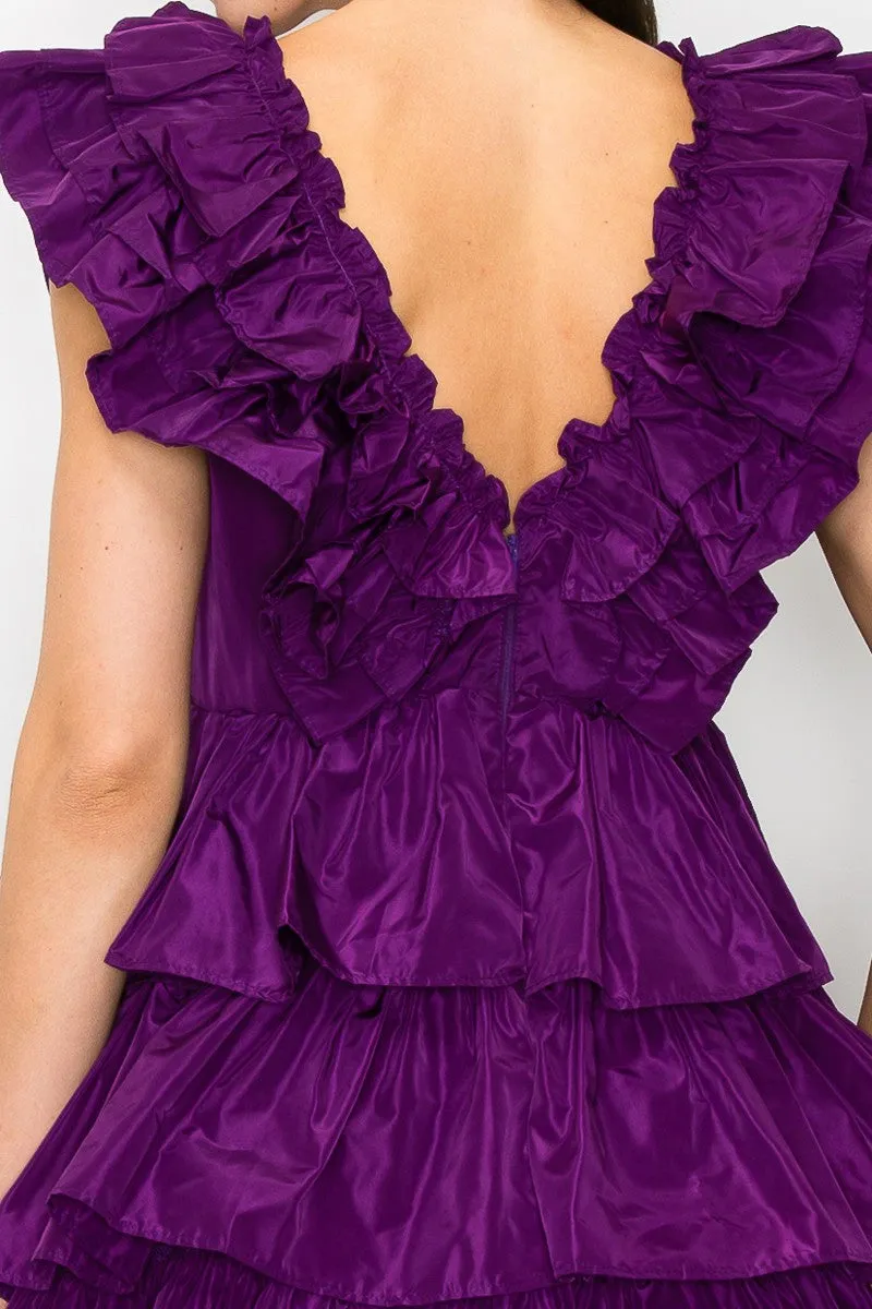 Purple Ruffled Tiered Taffeta Mini Dress