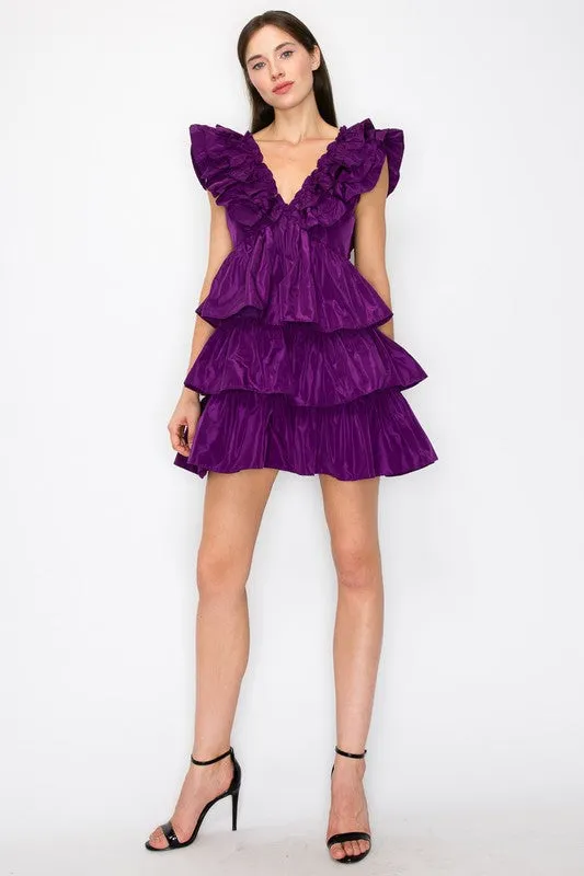Purple Ruffled Tiered Taffeta Mini Dress