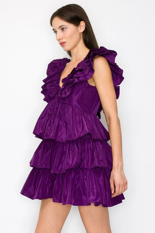 Purple Ruffled Tiered Taffeta Mini Dress