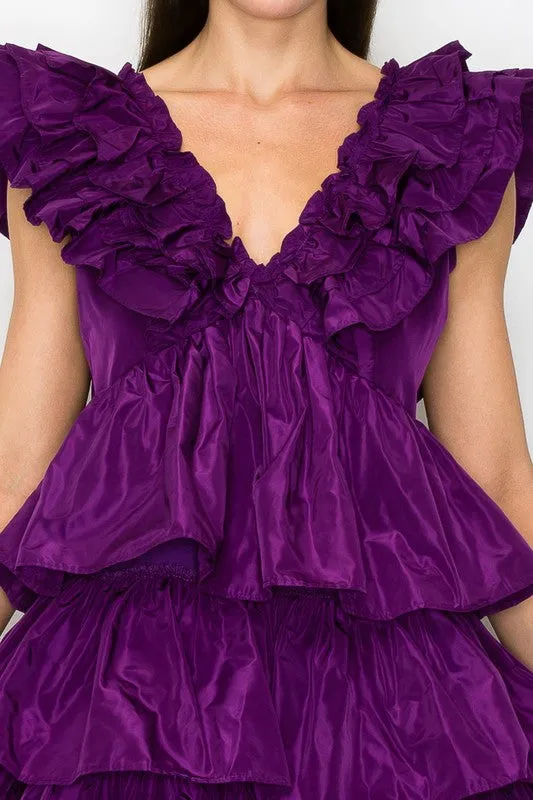 Purple Ruffled Tiered Taffeta Mini Dress