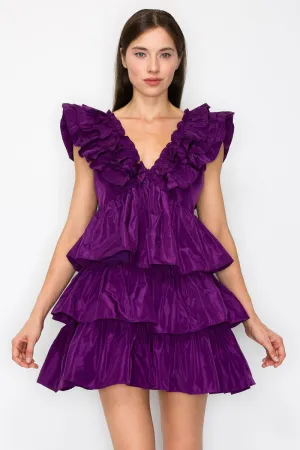 Purple Ruffled Tiered Taffeta Mini Dress