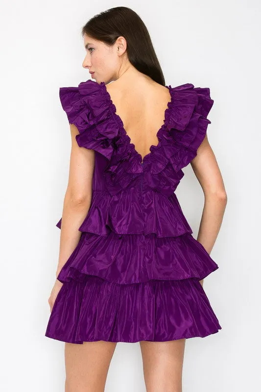 Purple Ruffled Tiered Taffeta Mini Dress