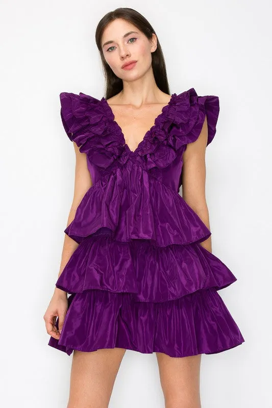 Purple Ruffled Tiered Taffeta Mini Dress