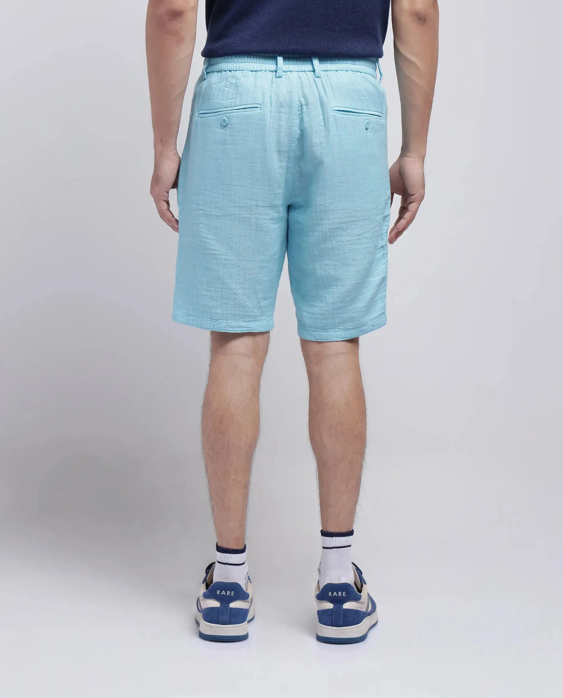 Rare Rabbit Men Pinto-25 Light Blue Cotton Fabric Drawstring Closure Knee Length Plain Shorts