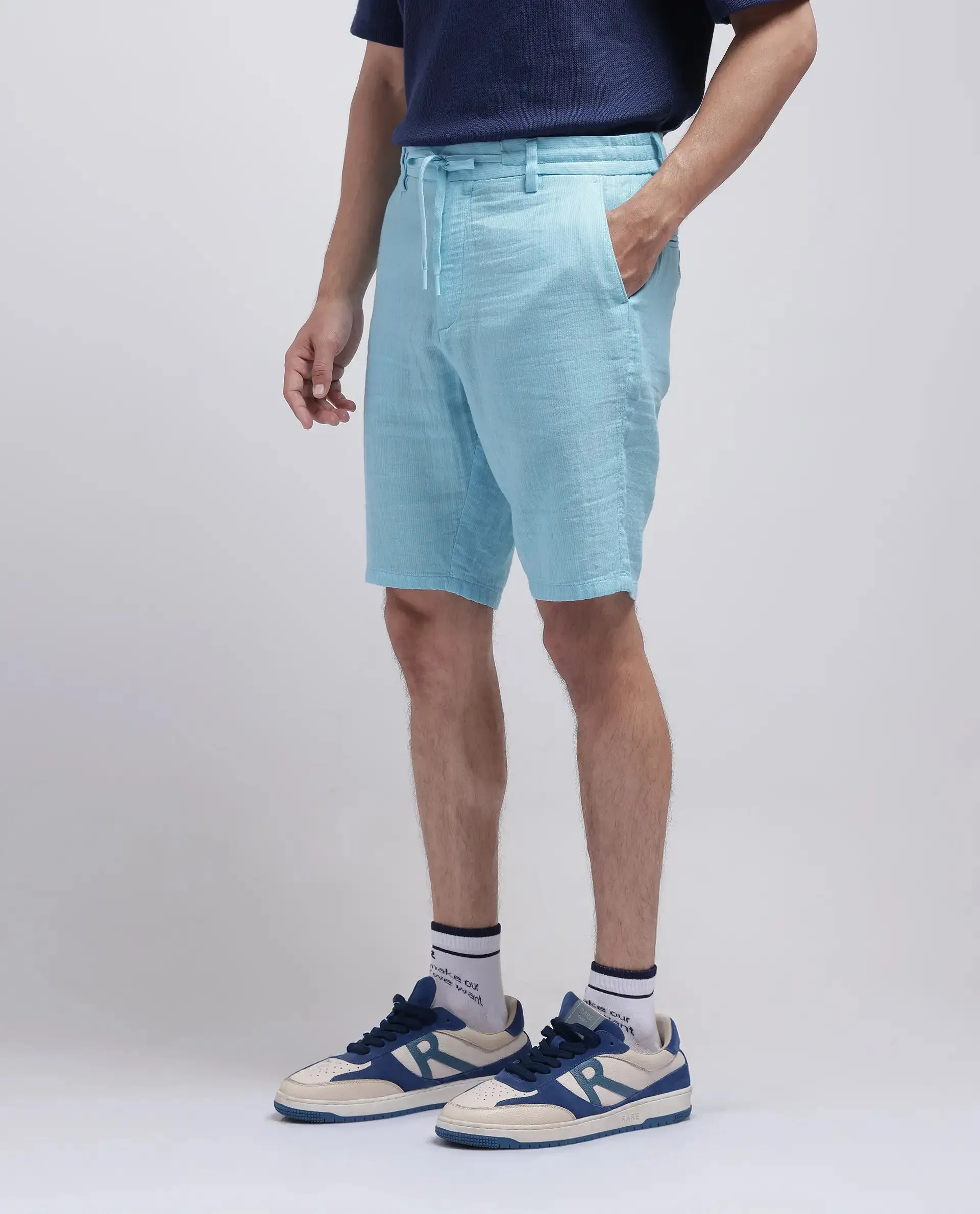 Rare Rabbit Men Pinto-25 Light Blue Cotton Fabric Drawstring Closure Knee Length Plain Shorts