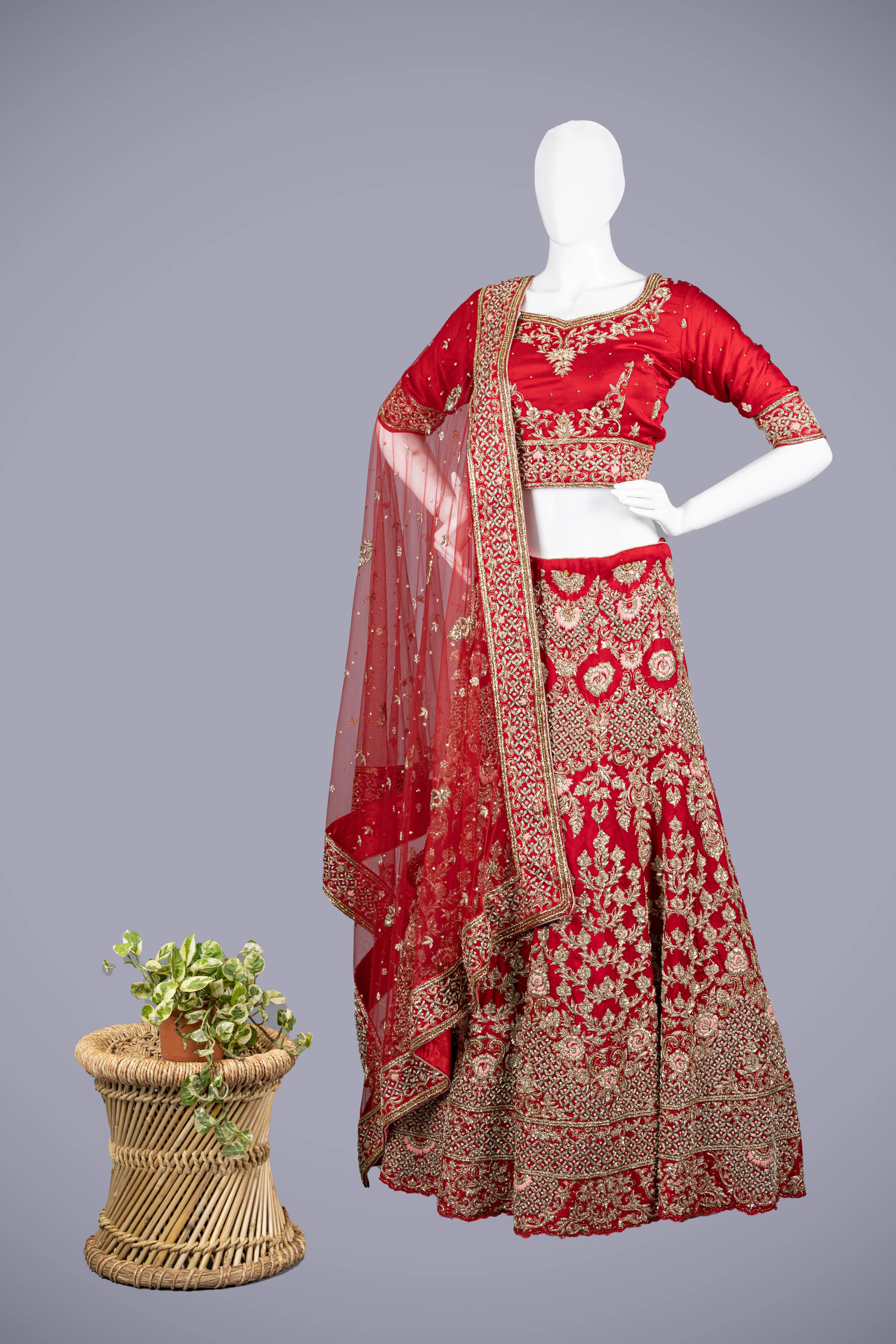 Red Silk Lehenga with Zardosi Handwork
