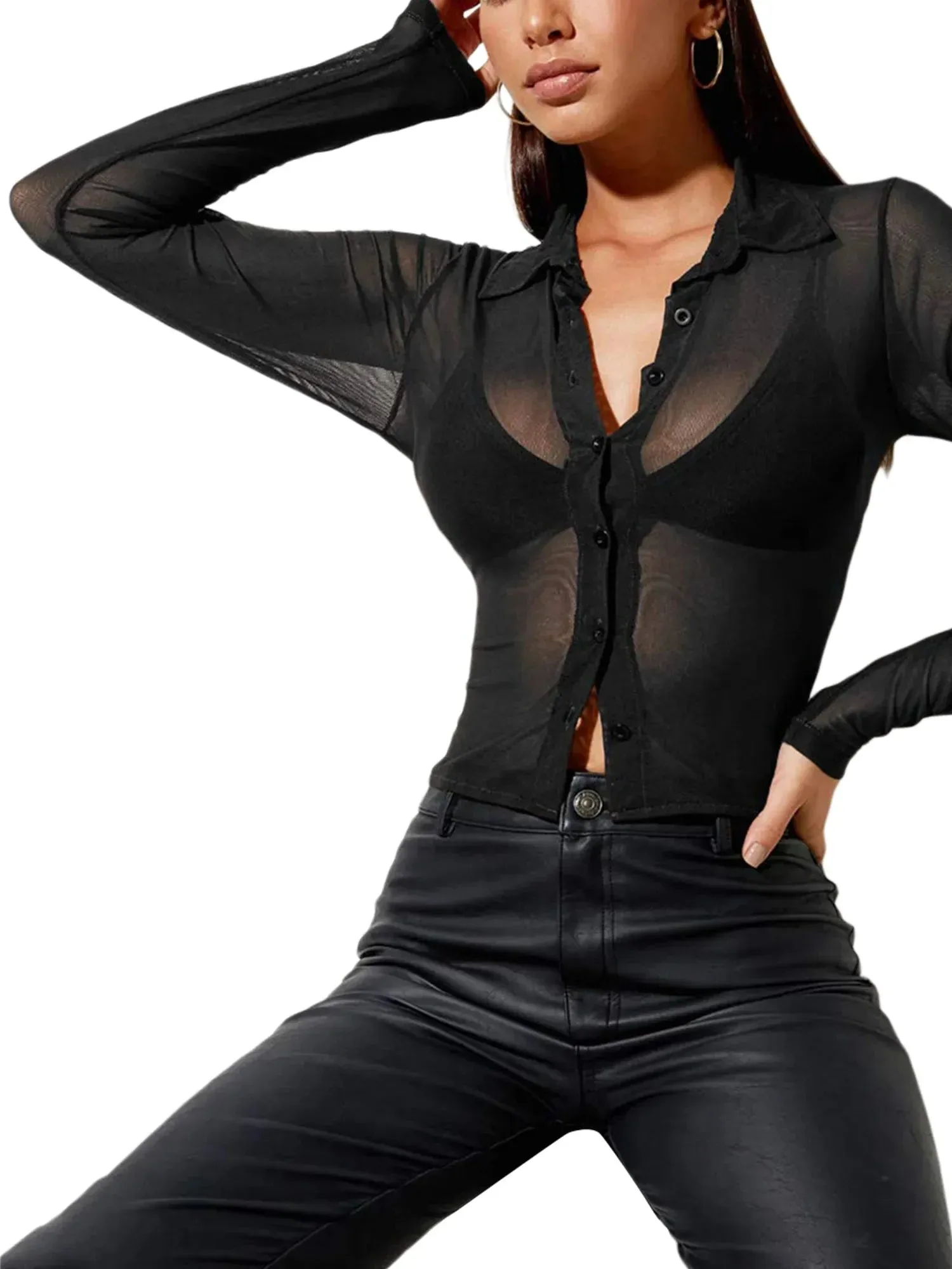 See Through Mesh Sheer Single Breasted Tops Long Sleeve Blouse