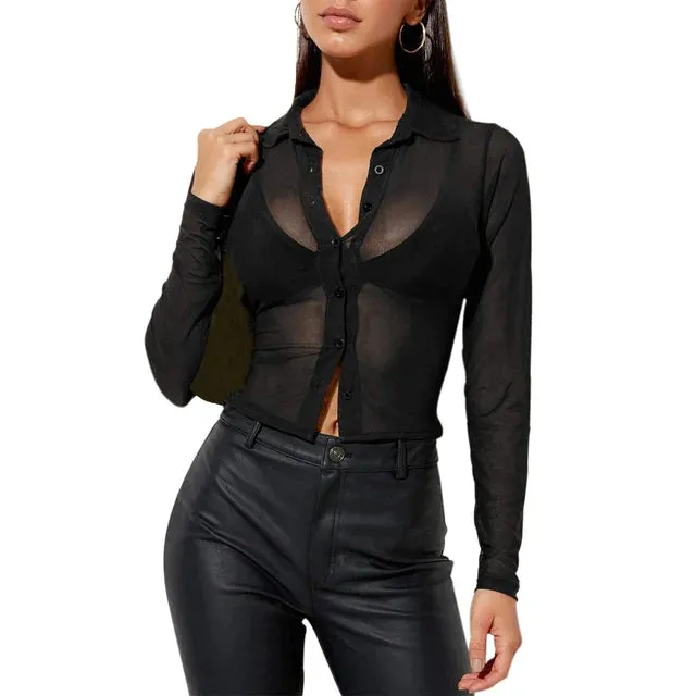 See Through Mesh Sheer Single Breasted Tops Long Sleeve Blouse